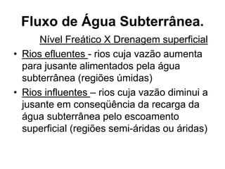 Fluxo de Água Subterrânea.
Nível Freático X Drenagem superficial
• Rios efluentes - rios cuja vazão aumenta
para jusante alimentados pela água
subterrânea (regiões úmidas)
• Rios influentes – rios cuja vazão diminui a
jusante em conseqüência da recarga da
água subterrânea pelo escoamento
superficial (regiões semi-áridas ou áridas)
 