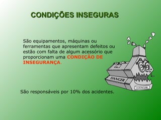 CONDIÇÕES INSEGURAS


 São equipamentos, máquinas ou
 ferramentas que apresentam defeitos ou
 estão com falta de algum acessório que
 proporcionam uma CONDIÇÃO DE
 INSEGURANÇA.




São responsáveis por 10% dos acidentes.
 