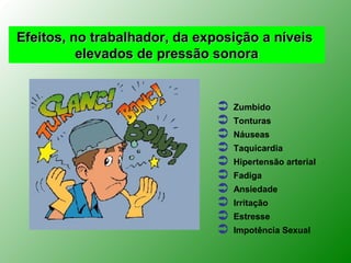 Efeitos, no trabalhador, da exposição a níveis
          elevados de pressão sonora


                                  Zumbido
                                  Tonturas
                                  Náuseas
                                  Taquicardia
                                  Hipertensão arterial
                                  Fadiga
                                  Ansiedade
                                  Irritação
                                  Estresse
                                  Impotência Sexual
 