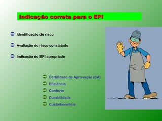 Indicação correta para o EPI


   Identificação do risco


   Avaliação do risco constatado


   Indicação do EPI apropriado




                      Certificado de Aprovação (CA)
                      Eficiência
                      Conforto
                      Durabilidade
                      Custo/benefício
 