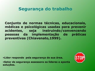 Segurança do trabalho


 Conjunto de normas técnicas, educacionais,
 médicas e psicológicas usadas para prevenir
 acidentes,   seja   instruindo/convencendo
 pessoas da implementação de práticas
 preventivas (Chiavenato,1999).




•Líder responde pela segurança de sua área.
•Setor de segurança assessora os líderes e aponta
soluções.
 