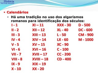  Calendários
  • Há uma tradição no uso dos algarismos
    romanos para identificação dos séculos:
    I-1        XI – 11      XXX - 30   D - 500
    II - 2     XII – 12     XL - 40    DC - 600
    III - 3    XIII – 13    L - 50     CM - 900
    IV - 4     XIV – 14     LX - 60    M - 1000
    V-5        XV – 15      XC - 90
    VI - 6     XVI – 16     C - 100
    VII - 7    XVII – 17    CC - 200
    VIII - 8   XVIII – 18   CD - 400
    IX - 9     XIX – 19
    X - 10     XX - 20
 