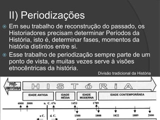 II) Periodizações
 Em seu trabalho de reconstrução do passado, os
Historiadores precisam determinar Períodos da
História, isto é, determinar fases, momentos da
história distintos entre si.
 Esse trabalho de periodização sempre parte de um
ponto de vista, e muitas vezes serve à visões
etnocêntricas da história.
Divisão tradicional da História
 