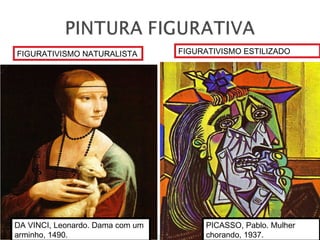 DA VINCI, Leonardo. Dama com um
arminho, 1490.
PICASSO, Pablo. Mulher
chorando, 1937.
FIGURATIVISMO NATURALISTA FIGURATIVISMO ESTILIZADO
 