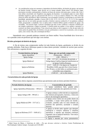  As considerações acima nos mostram a importância da história bíblica, da história da igreja e até mesmo
da história secular. Portanto, quais devem ser as nossas atitudes diante disso? Em primeiro lugar,
precisamos recordar continuamente a história em busca de ensinos relevantes para a nossa vida. Essa é
uma ênfase encontrada com freqüência nas páginas da Escritura. A recordação pode ter como objeto
episódios negativos, quer na vida pessoal (Dt 24.9; Lc 17.32) ou coletiva (Salmos 78 e 106), servindo
assim de solene advertência. Mais comumente, essa recordação é positiva, constituindo-se em motivo de
humildade, aprendizado, gratidão e louvor (Dt 8.1-20; 15.15; 16.12; Ef 2.1-7; Tt 3.3-7). Em segundo
lugar, deve-se ter em mente que para recordar a história é preciso conhecê-la. E só podemos conhecer
lendo, pesquisando e estudando. Isso se aplica tanto à história bíblica quanto à história da igreja e da
sociedade... Em terceiro lugar, é preciso considerar que não se deve conhecer e valorizar a história por
um simples saudosismo e apego ao passado. A história pode nos ajudar a viver melhor o presente e a
construir um futuro mais promissor. Uma coisa de que nunca se deve esquecer é o fato de que todos nós
somos parte do grande fluxo da história e de que continuamos a escrevê-la no presente, com as nossas
ações, com a nossa vida, sob a orientação de Deus.6
Aprendendo com o passado podemos construir um futuro melhor. Nossa humildade deve levar-nos a
ver o passado como um professor que tem algo a nos ensinar.
Divisões principais da história da Igreja
A fim de termos uma compreensão melhor de toda história da Igreja, geralmente se divide ela em
períodos definidos. Pode haver diferenças quanto às datas destes períodos, variando de escritor para escritor.
Nós utilizaremos a seguinte divisão:
Período histórico da Igreja Datas que este período compreende
Igreja Apostólica (Pentecostes – 100 d.C.)
Igreja Antiga (100 – 590 d.C.)
Igreja Medieval
(590 – 1517 d.C.) Ao término do período, a
Antiga Igreja Católica Imperial transformou-se
na Igreja Católica Romana.
Igreja na Reforma
(1517 – 1648 d.C.) Só depois do Tratado de
Westfália (1648), que pôs fim à triste Guerra
dos 30 anos, os dois lados se acalmaram para
consolidar suas conquistas.
Igreja Moderna (1648 d.C. – até os dias atuais)
Características de cada período da Igreja
Observemos abaixo algumas características que permeiam cada um destes períodos históricos.
Período histórico da Igreja Características do período
Igreja Apostólica (Pentecostes – 100 d.C.)
A Igreja caminhava bem, guiada pelas
instruções inspiradas dos apóstolos de Cristo.
Igreja Antiga (100 – 590 d.C.)
A Igreja começa a sofrer devido ao surgimento
das intensas perseguições, heresias, e início do
desvio da mensagem apostólica.
Igreja Medieval (590 – 1517 d.C.)
A Igreja cresce muito em seu poder diante da
sociedade, e ocupa vários países do mundo.
Contudo, caminha cada vez mais distante da
doutrina dos apóstolos, aceitando e criando
heresias.
Igreja na Reforma (1517 – 1648 d.C.)
A Igreja se divide entre aqueles que desejam
reformá-la e torná-la submissa à doutrina
apostólica, e aqueles que desejam continuar
seguindo com as práticas heréticas. Tem início
a “igreja protestante”.
A Igreja é atacada por vários pensamentos
6
Alderi Souza de Matos, A Síndrome de Adão – Por que devemos valorizar a história. Centro Presbiteriano de
Pós-Graduação Andrew Jumper. Acessado em 01.08.2007.
 