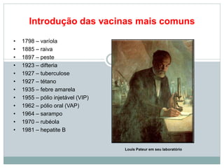 • 1798 – varíola
• 1885 – raiva
• 1897 – peste
• 1923 – difteria
• 1927 – tuberculose
• 1927 – tétano
• 1935 – febre amarela
• 1955 – pólio injetável (VIP)
• 1962 – pólio oral (VAP)
• 1964 – sarampo
• 1970 – rubéola
• 1981 – hepatite B
Louis Pateur em seu laboratório
Introdução das vacinas mais comuns
 