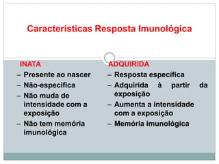 Características Resposta Imunológica
INATA
– Presente ao nascer
– Não-específica
– Não muda de
intensidade com a
exposição
– Não tem memória
imunológica
ADQUIRIDA
– Resposta específica
– Adquirida à partir da
exposição
– Aumenta a intensidade
com a exposição
– Memória imunológica
 