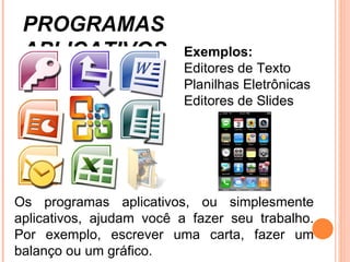 PROGRAMAS APLICATIVOS Os programas aplicativos, ou simplesmente aplicativos, ajudam você a fazer seu trabalho. Por exemplo, escrever uma carta, fazer um balanço ou um gráfico. Exemplos: Editores de Texto Planilhas Eletrônicas  Editores de Slides 