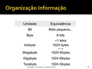 Unidade                            Equivalência
   Bit                           Mais pequena...
  Byte                                        8 bits
                                       =1 letra
kilobyte                              1024 bytes
                                               2 ^ 10

Megabyte                             1024 Kbytes
Gigabyte                            1024 Mbytes
Terabyte                            1024 Gbytes
  Introdução à Informática - Ricardo Santos             30
 