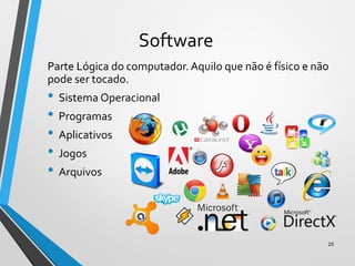 Software
Parte Lógica do computador.Aquilo que não é físico e não
pode ser tocado.
• Sistema Operacional
• Programas
• Aplicativos
• Jogos
• Arquivos
25
 