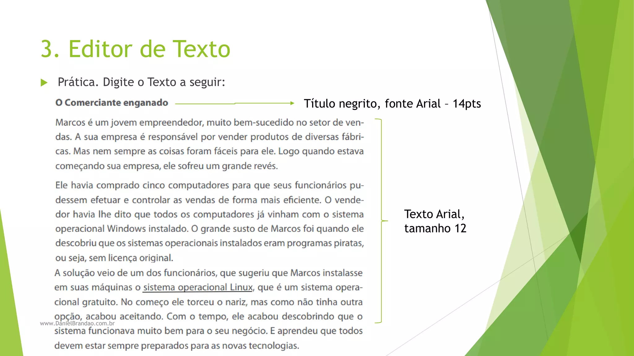 3. Editor de Texto
 Prática. Digite o Texto a seguir:
Título negrito, fonte Arial – 14pts
Texto Arial,
tamanho 12
www.DanielBrandao.com.br
 