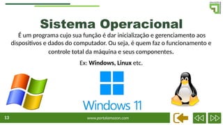www.portalamazon.com
13
É um programa cujo sua função é dar inicialização e gerenciamento aos
dispositivos e dados do computador. Ou seja, é quem faz o funcionamento e
controle total da máquina e seus componentes.
Ex: Windows, Linux etc.
Sistema Operacional
 