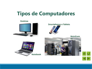 Tipos de Computadores
Desktop
Notebook
Mainfram
es
Smartphones e Tablets
 
