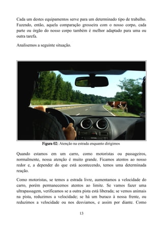 Cada um destes equipamentos serve para um determinado tipo de trabalho.
Fazendo, então, aquela comparação grosseira com o nosso corpo, cada
parte ou órgão do nosso corpo também é melhor adaptado para uma ou
outra tarefa.
Analisemos a seguinte situação.
Figura 02: Atenção na estrada enquanto dirigimos
Quando estamos em um carro, como motoristas ou passageiros,
normalmente, nossa atenção é muito grande. Ficamos atentos ao nosso
redor e, a depender do que está acontecendo, temos uma determinada
reação.
Como motoristas, se temos a estrada livre, aumentamos a velocidade do
carro, porém permanecemos atentos ao limite. Se vamos fazer uma
ultrapassagem, verificamos se a outra pista está liberada; se vemos animais
na pista, reduzimos a velocidade; se há um buraco à nossa frente, ou
reduzimos a velocidade ou nos desviamos, e assim por diante. Como
13
 