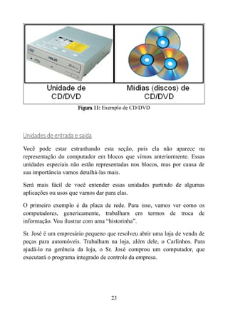 Figura 11: Exemplo de CD/DVD
Unidades de entrada e saída
Você pode estar estranhando esta seção, pois ela não aparece na
representação do computador em blocos que vimos anteriormente. Essas
unidades especiais não estão representadas nos blocos, mas por causa de
sua importância vamos detalhá-las mais.
Será mais fácil de você entender essas unidades partindo de algumas
aplicações ou usos que vamos dar para elas.
O primeiro exemplo é da placa de rede. Para isso, vamos ver como os
computadores, genericamente, trabalham em termos de troca de
informação. Vou ilustrar com uma “historinha”.
Sr. José é um empresário pequeno que resolveu abrir uma loja de venda de
peças para automóveis. Trabalham na loja, além dele, o Carlinhos. Para
ajudá-lo na gerência da loja, o Sr. José comprou um computador, que
executará o programa integrado de controle da empresa.
23
 
