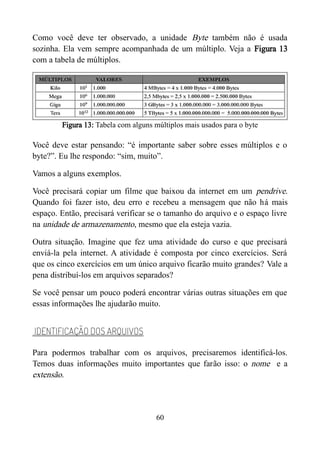 Como você deve ter observado, a unidade Byte também não é usada
sozinha. Ela vem sempre acompanhada de um múltiplo. Veja a Figura 13
com a tabela de múltiplos.
Figura 13: Tabela com alguns múltiplos mais usados para o byte
Você deve estar pensando: “é importante saber sobre esses múltiplos e o
byte?”. Eu lhe respondo: “sim, muito”.
Vamos a alguns exemplos.
Você precisará copiar um filme que baixou da internet em um pendrive.
Quando foi fazer isto, deu erro e recebeu a mensagem que não há mais
espaço. Então, precisará verificar se o tamanho do arquivo e o espaço livre
na unidade de armazenamento, mesmo que ela esteja vazia.
Outra situação. Imagine que fez uma atividade do curso e que precisará
enviá-la pela internet. A atividade é composta por cinco exercícios. Será
que os cinco exercícios em um único arquivo ficarão muito grandes? Vale a
pena distribuí-los em arquivos separados?
Se você pensar um pouco poderá encontrar várias outras situações em que
essas informações lhe ajudarão muito.
IDENTIFICAÇÃO DOS ARQUIVOS
Para podermos trabalhar com os arquivos, precisaremos identificá-los.
Temos duas informações muito importantes que farão isso: o nome e a
extensão.
60
 