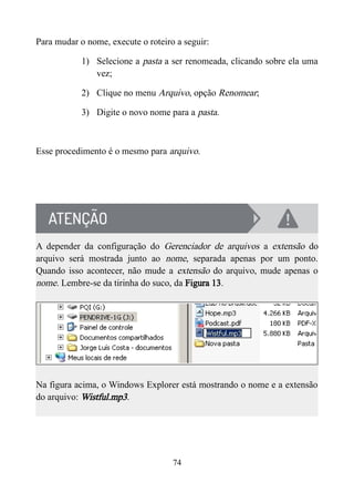 Para mudar o nome, execute o roteiro a seguir:
1) Selecione a pasta a ser renomeada, clicando sobre ela uma
vez;
2) Clique no menu Arquivo, opção Renomear;
3) Digite o novo nome para a pasta.
Esse procedimento é o mesmo para arquivo.
A depender da configuração do Gerenciador de arquivos a extensão do
arquivo será mostrada junto ao nome, separada apenas por um ponto.
Quando isso acontecer, não mude a extensão do arquivo, mude apenas o
nome. Lembre-se da tirinha do suco, da Figura 13.
Na figura acima, o Windows Explorer está mostrando o nome e a extensão
do arquivo: Wistful.mp3.
74
 