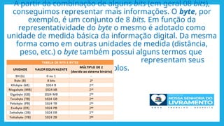A partir da combinação de alguns bits (em geral 08 bits),
conseguimos representar mais informações. O byte, por
exemplo, é um conjunto de 8 bits. Em função da
representatividade do byte o mesmo é adotado como
unidade de medida básica da informação digital. Da mesma
forma como em outras unidades de medida (distância,
peso, etc.) o byte também possui alguns termos que
representam seus
múltiplos.
 