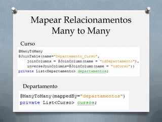 Mapear Relacionamentos
Many to Many
Departamento
Curso
 