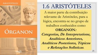 1.6 ARISTÓTELES
A maior parte da contribuição
relevante de Aristóteles, para a
lógica, encontra-se no grupo de
trabalhos conhecidos como
ORGANON:
Categorias, De Interpretatione,
Analíticos Anteriores,
Analíticos Posteriores, Tópicos
e Refutações Sofísticas.
25
 