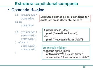 Estrutura condicional composta
• Comando if...else
   if (condição)
                    Executa o comando se a condição for
      comando;
                    qualquer coisa diferente de zero!
   else
      comando;
                      if (peso= =peso_ideal)
   if (condição) {        printf (“Vc está em forma!”);
      comando1;       else
      comando2;           printf (“Necessário fazer dieta!”);
   } else {
      comando3;
      comando4;
                   em pseudo-código:
                   se (peso= =peso_ideal)
   }
                        entao exibir “Vc está em forma!”
                        senao exibir “Necessário fazer dieta!”


                                                            30
 