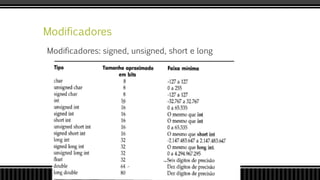 Modificadores
Modificadores: signed, unsigned, short e long
 