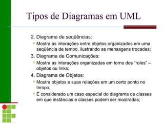 Tipos de Diagramas em UML

 2. Diagrama de seqüências:
    Mostra as interações entre objetos organizados em uma
     seqüência de tempo, ilustrando as mensagens trocadas;
 3. Diagrama de Comunicações:
    Mostra as interações organizadas em torno dos “roles” –
     objetos ou links;
 4. Diagrama de Objetos:
    Mostra objetos e suas relações em um certo ponto no
     tempo;
    É considerado um caso especial do diagrama de classes
     em que instâncias e classes podem ser mostradas;
 
