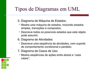 Tipos de Diagramas em UML

 5. Diagrama de Máquina de Estados:
  Mostra uma máquina de estados, incluindo estados
   simples, transições e compostos;
  Descreve todos os possíveis estados que este objeto
   pode assumir;
 6. Diagrama de Atividades:
    Descreve uma seqüência de atividades, com suporte
     de comportamento condicional e paralelo;
 7. Diagrama de Casos de Uso:
    Mostra seqüências de ações entre atores e “uses
     cases”;
 