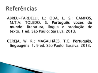 ABREU-TARDELLI, L.; ODA, L. S.; CAMPOS,
M.T.A; TOLEDO, S. Português vozes do
mundo: literatura, língua e produção de
texto. 1 ed. São Paulo: Saraiva, 2013.
CEREJA, W. R.; MAGALHÃES, T.C. Português,
linguagens, 1. 9 ed. São Paulo: Saraiva, 2013.
 