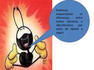 Podemos
esquematizar as
diferenças entre
textos literários e
não-literários por
meio da tabela a
seguir:
 