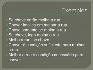 Se  chove então molha a rua.
 Chover implica em molhar a rua.
 Chove somente se molha a rua
 Se chove, logo molha a rua
 Molha a rua, se chove
 Chover é condição suficiente para molhar
  a rua
 Molhar a rua é condição necessária para
  chover
 