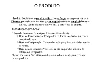 O PRODUTO Produto Logístico é o  resultado final  dos  esforços  da empresa aos seus  Clientes , podendo resultar em algo  intangível  (serviço),  tangível  (bem) ou ambos. Sendo assim o objetivo final é satisfação do cliente. Classificação dos bens: Bens de Consumo: Se dirigem à consumidores finais. Bens de Conveniência: Comprados de forma imediata com pouca pesquisa de loja. Bens de Comparação: Comprados após pesquisas em vários pontos de venda. Bens de uso especial: Produtos que são adquiridos após muito esforço do comprador. Bens Industriais: São utilizados direta ou indiretamente para produzir outros produtos: 