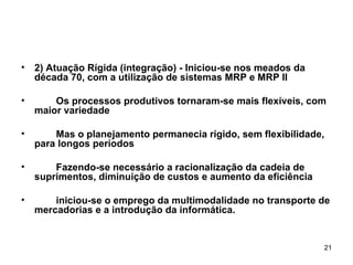 2) Atuação Rígida (integração) - Iniciou-se nos meados da década 70, com a utilização de sistemas MRP e MRP II Os processos produtivos tornaram-se mais flexíveis, com maior variedade Mas o planejamento permanecia rígido, sem flexibilidade, para longos períodos Fazendo-se necessário a racionalização da cadeia de suprimentos, diminuição de custos e aumento da eficiência iniciou-se o emprego da multimodalidade no transporte de mercadorias e a introdução da informática. 