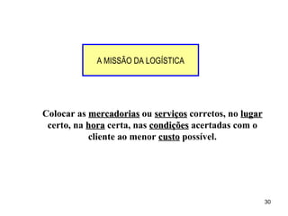 Colocar as  mercadorias  ou  serviços  corretos, no  lugar  certo, na  hora  certa, nas  condições  acertadas com o cliente ao menor  custo  possível. A MISSÃO DA LOGÍSTICA 