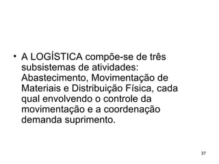 A LOGÍSTICA compõe-se de três subsistemas de atividades: Abastecimento, Movimentação de Materiais e Distribuição Física, cada qual envolvendo o controle da movimentação e a coordenação demanda suprimento. 
