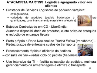 ATACADISTA MARTINS: Logística agregando valor aos clientes Prestador de Serviços Logísticos ao pequeno varejista :  entrega rápida,  variedade de produtos (pedido fracionado e em pequenas quantidades, com financiamento e assistência técnica) Estoque Centralizado em CD - Uberlândia :  Aumenta disponibilidade de produtos, custo baixo de estoques e redução de encargos fiscais Frota própria e Rede Nacional de  Transit Points  (transbordo) – Reduz prazos de entrega e custos de transporte Processamento rápido e eficiente do pedidos   –  consulta  on line  – reduz ciclo do pedido ( handhelds ) Uso intensivo da TI  – facilita colocação de pedidos, melhora gerenciamento da armazenagem e otimiza o transporte 
