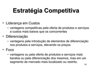 Liderança em Custos vantagens competitivas pela oferta de produtos e serviços a custos mais baixos que os concorrentes Diferenciação vantagens pela introdução de elementos de diferenciação nos produtos e serviços, elevando os preços Foco vantagens ou pela oferta de produtos e serviços mais baratos ou pela diferenciação dos mesmos, mas em um segmento de mercado mais localizado ou restrito. Estratégia Competitiva 