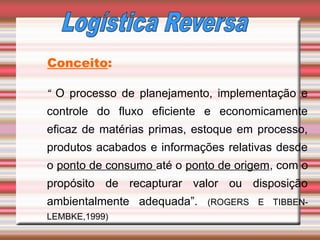 “ O processo de planejamento, implementação e
controle do fluxo eficiente e economicamente
eficaz de matérias primas, estoque em processo,
produtos acabados e informações relativas desde
o ponto de consumo até o ponto de origem, com o
propósito de recapturar valor ou disposição
ambientalmente adequada”. (ROGERS E TIBBEN-
LEMBKE,1999)
Conceito:
 