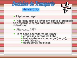Aeroviário
Rápida entrega;
Não esquecer de levar em conta o processo
de descarga e carga para um transporte
rodoviário;
Alto custo ????
Tem bons operadores no Brasil;
empresas aéreas de linha;
transportadoras de carga (cargo);
taxis aéreos;
operadores logísticos.
 