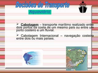 Aquaviário
 Cabotagem – transporte marítimo realizado entre
dois portos da costa de um mesmo país ou entre um
porto costeiro e um fluvial.
 Cabotagem Internacional – navegação costeira
entre dois ou mais países.
 