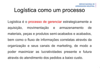Introdução à Logística
Logística é o processo de gerenciar estrategicamente a
aquisição, movimentação e armazenamento de
materiais, peças e produtos semi-acabados e acabados,
bem como o fluxo de informações correlatas através da
organização e seus canais de marketing, de modo a
poder maximizar as lucratividades presente e futura
através do atendimento dos pedidos a baixo custo.
Logística como um processo
 