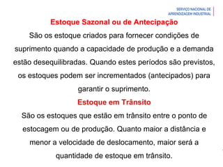 Introdução à Logística
Estoque Sazonal ou de Antecipação
São os estoque criados para fornecer condições de
suprimento quando a capacidade de produção e a demanda
estão desequilibradas. Quando estes períodos são previstos,
os estoques podem ser incrementados (antecipados) para
garantir o suprimento.
Estoque em Trânsito
São os estoques que estão em trânsito entre o ponto de
estocagem ou de produção. Quanto maior a distância e
menor a velocidade de deslocamento, maior será a
quantidade de estoque em trânsito.
 