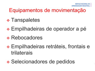 Introdução à Logística
Equipamentos de movimentação
 Tanspaletes
 Empilhadeiras de operador a pé
 Rebocadores
 Empilhadeiras retráteis, frontais e
trilaterais
 Selecionadores de pedidos
 