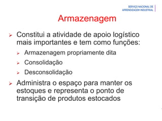 Introdução à Logística
Armazenagem
 Constitui a atividade de apoio logístico
mais importantes e tem como funções:
 Armazenagem propriamente dita
 Consolidação
 Desconsolidação
 Administra o espaço para manter os
estoques e representa o ponto de
transição de produtos estocados
 