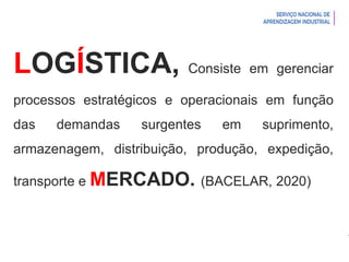Introdução à Logística
LOGÍSTICA, Consiste em gerenciar
processos estratégicos e operacionais em função
das demandas surgentes em suprimento,
armazenagem, distribuição, produção, expedição,
transporte e MERCADO. (BACELAR, 2020)
 
