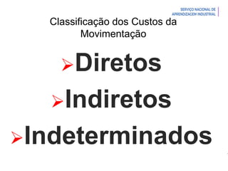 Introdução à Logística
Classificação dos Custos da
Movimentação
Diretos
Indiretos
Indeterminados
 