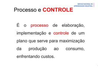 Introdução à Logística
É o processo de elaboração,
implementação e controle de um
plano que serve para maximização
da produção ao consumo,
enfrentando custos.
Processo e CONTROLE
 