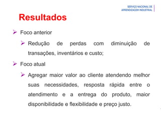 Introdução à Logística
Resultados
 Foco anterior
 Redução de perdas com diminuição de
transações, inventários e custo;
 Foco atual
 Agregar maior valor ao cliente atendendo melhor
suas necessidades, resposta rápida entre o
atendimento e a entrega do produto, maior
disponibilidade e flexibilidade e preço justo.
 