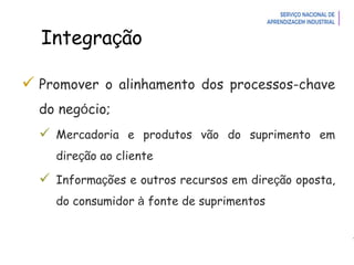 Introdução à Logística
Integração
 Promover o alinhamento dos processos-chave
do negócio;
 Mercadoria e produtos vão do suprimento em
direção ao cliente
 Informações e outros recursos em direção oposta,
do consumidor à fonte de suprimentos
 