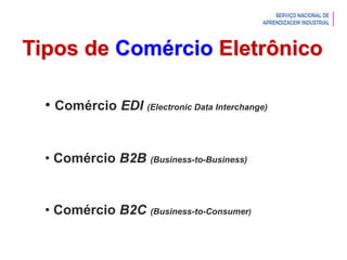 Introdução à Logística
Tipos de Comércio Eletrônico
• Comércio EDI (Electronic Data Interchange)
• Comércio B2B (Business-to-Business)
• Comércio B2C (Business-to-Consumer)
 